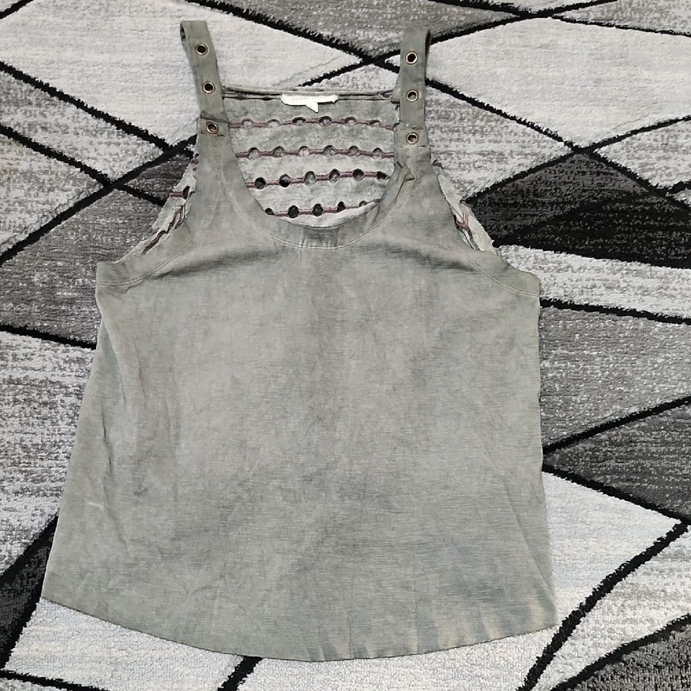 GILDED INTENT ACID-WASH SAGE DECORTIVE GROMMENTS CUT-OUT SCOOP-NECK TANK-TOP L
